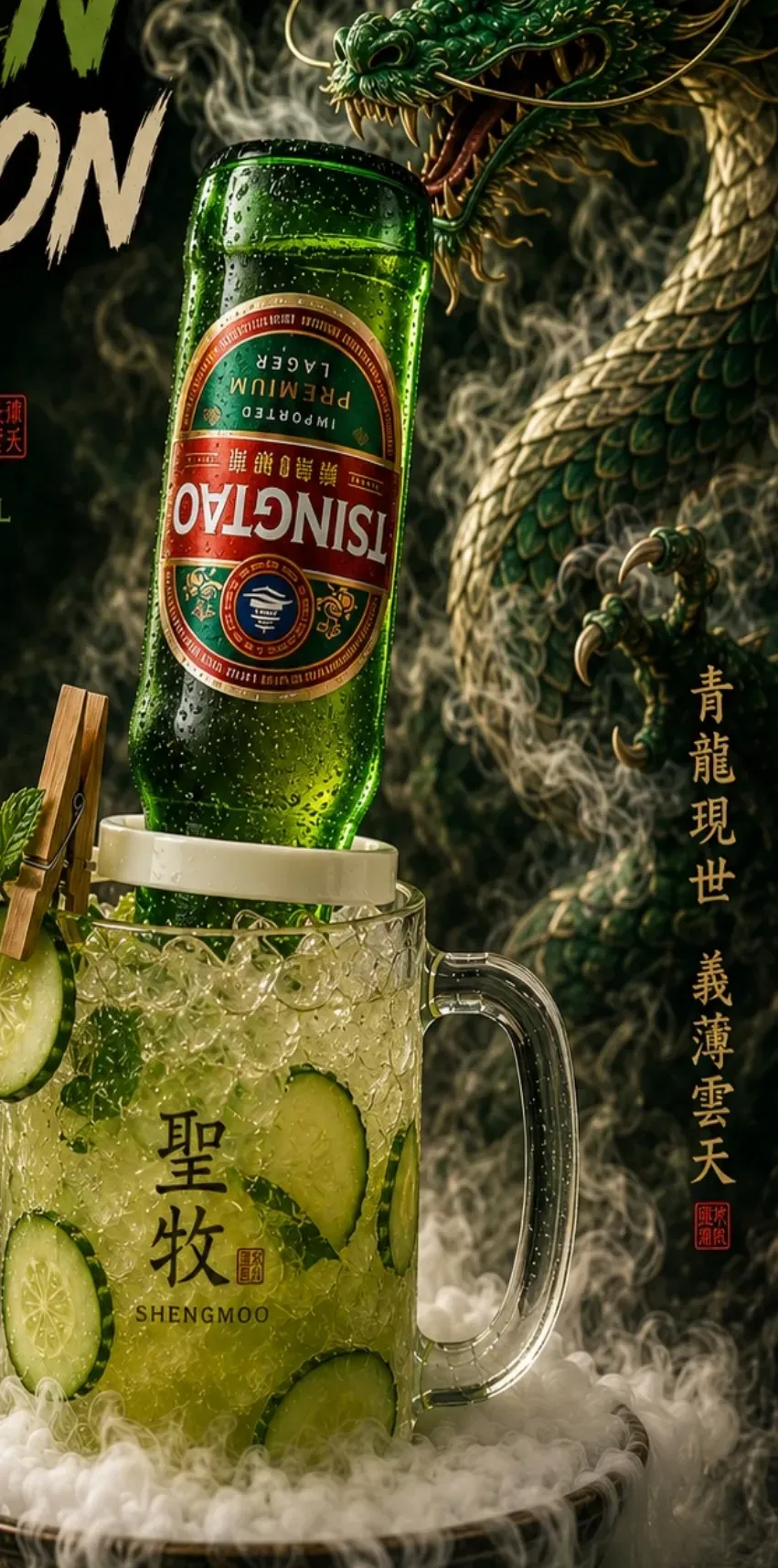 The Green Dragon — an inverted Tsingtao bottle over a cucumber-filled tankard in dry-ice fog