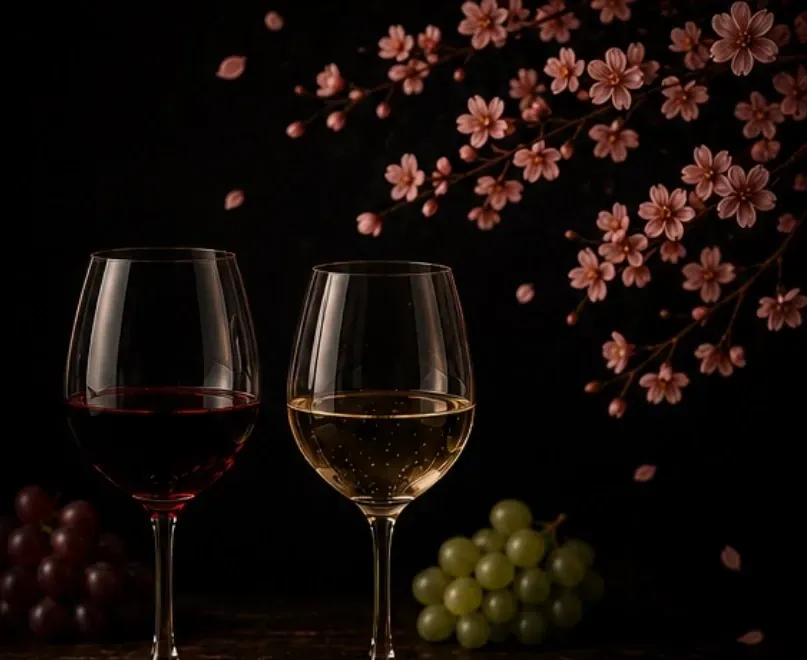 A glass of red and a glass of white beneath blossom