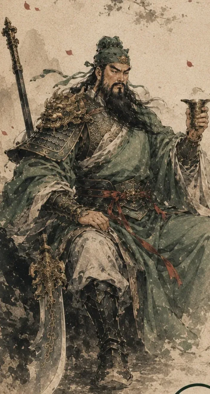 An ink-wash painting of Guan Yu seated with a bronze cup raised