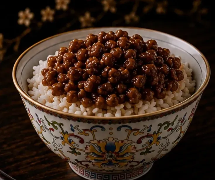 A porcelain bowl of minced beef over rice