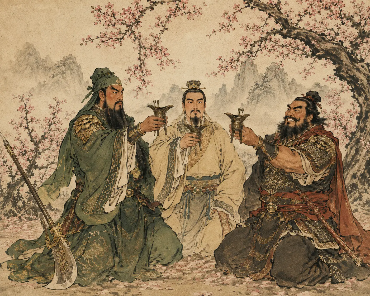 Liu Bei, Guan Yu and Zhang Fei raising bronze cups beneath blossoming peach trees