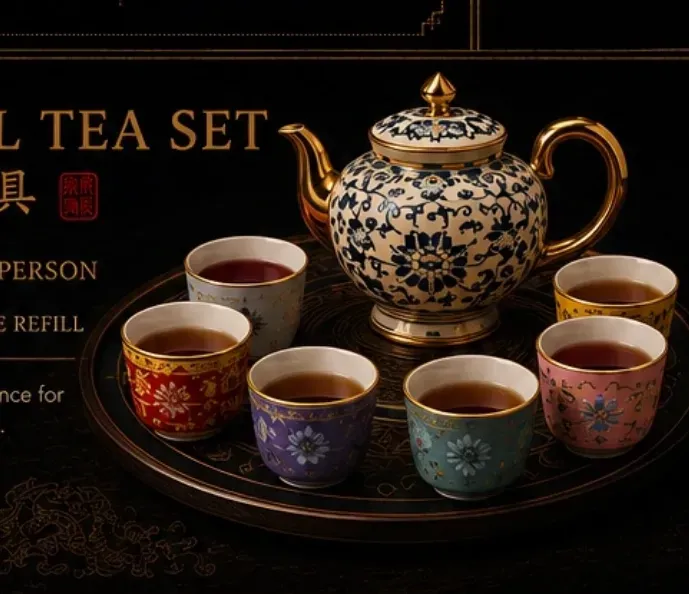 A gilt porcelain teapot with six painted cups on a lacquer tray